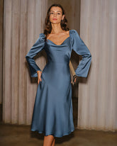 Blue Cowl Neck A-Line Midi Dress | Rihoas