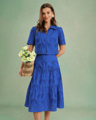 Blue Textured Button Collar Blouse | Rihoas
