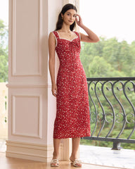 The Red Sweetheart Neck Floral Lace Trim Midi Dress | Rihoas