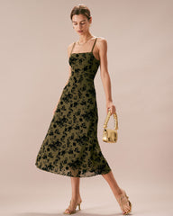 The Green Floral Burnout A-Line Slip Midi Dress | Rihoas