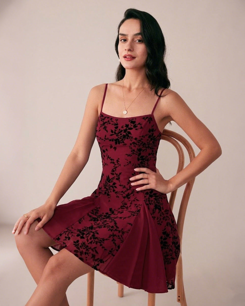 Wine Red Floral Mini Dress | Rihoas