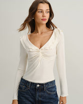 Beige V Neck Ruffle Twist Tee | Rihoas