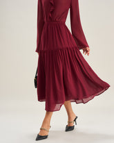 Wine Red Chiffon A-Line Midi Skirt | Rihoas