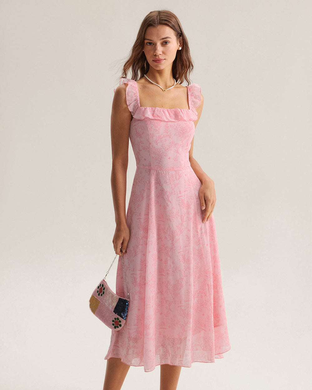 Pink Square Neck Ruffle Midi Dress | Rihoas