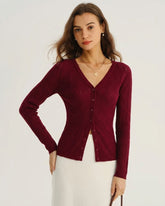 Wine Red V Neck Viscose Knit Cardigan | Rihoas