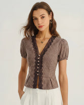 Brown V Neck Puffed Sleeve Plaid Blouse | Rihoas