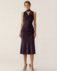 Purple Cowl Neck Mermaid Satin Midi Dress | Rihoas