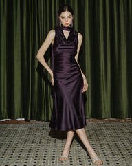 Purple Cowl Neck Mermaid Satin Midi Dress | Rihoas