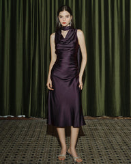 Purple Cowl Neck Mermaid Satin Midi Dress | Rihoas