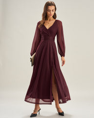 Purple V Neck See Through A-Line Maxi Dresses | Rihoas