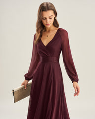 Purple V Neck See Through A-Line Maxi Dresses | Rihoas
