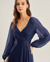 Blue V Neck A-Line Maxi Dress | Rihoas