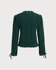 Green Scalloped Lantern Sleeve Sweater | Rihoas