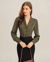 Green Satin V-Neck Office Shirt | Rihoas