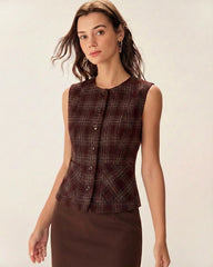Wine Red Plaid Single Breasted Vest | Rihoas