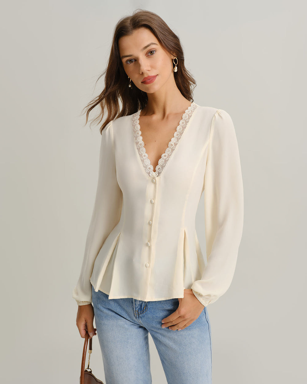 Apricot V Neck Lace Lantern Sleeve Blouse | Rihoas