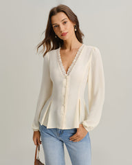 Apricot V Neck Lace Lantern Sleeve Blouse | Rihoas