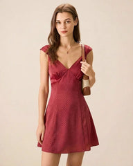 Red Polka Dot Satin Mini Dress | Rihoas