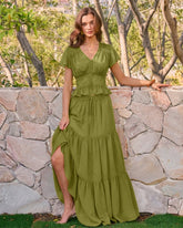 Green Elastic Waist Chiffon Maxi Skirt | Rihoas