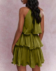 Green Round Neck Flowy Mini Dress | Rihoas