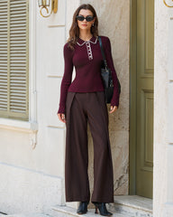Wine Red Contrasting Slim Knit Tee | Rihoas