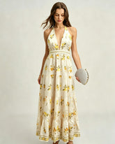 Apricot Halter Floral Maxi Dress | Rihoas