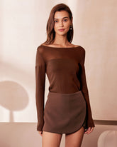 Brown Boat Neck See Through Tee | Rihoas