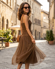 Brown Ruched Mesh Slip Maxi Dress | Rihoas