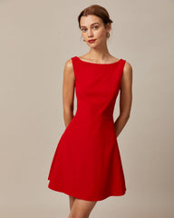 The Red Boat Neck High Waisted Mini Dress | Rihoas