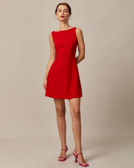 The Red Boat Neck High Waisted Mini Dress | Rihoas
