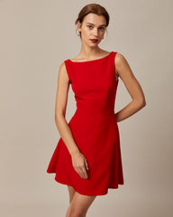 The Red Boat Neck High Waisted Mini Dress | Rihoas