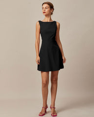 The Black Boat Neck High Waisted Mini Dress | Rihoas