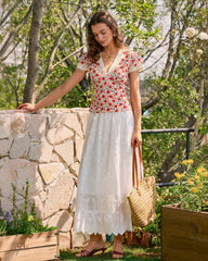 Red V Neck Lace Floral Tee | Rihoas
