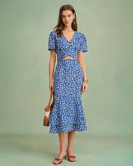Blue Floral Mermaid Midi Skirt | Rihoas