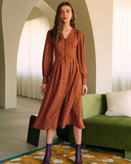 Brown Polka Dot Pleated Midi Dress | Rihoas
