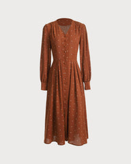 Brown Polka Dot Pleated Midi Dress | Rihoas