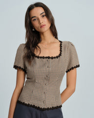 Coffee Square Neck Plaid Blouse | Rihoas