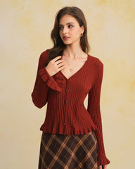 Brown V Neck Bell Sleeve Knit Cardigan | Rihoas