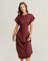 Red Satin Cowl Sleeve A-Line Midi Dress | Rihoas