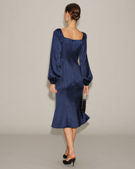 Navy Satin V Neck Ruched Midi Dress | Rihoas