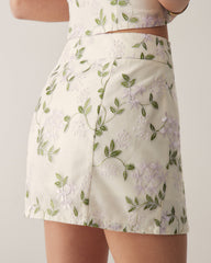Beige Floral Straight Mini Skirt | Rihoas