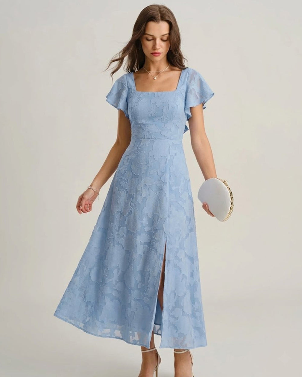 Blue Floral Square Neck Midi Dress | Rihoas