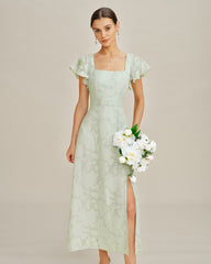 Green Square Neck Floral Textured Midi Dress | Rihoas