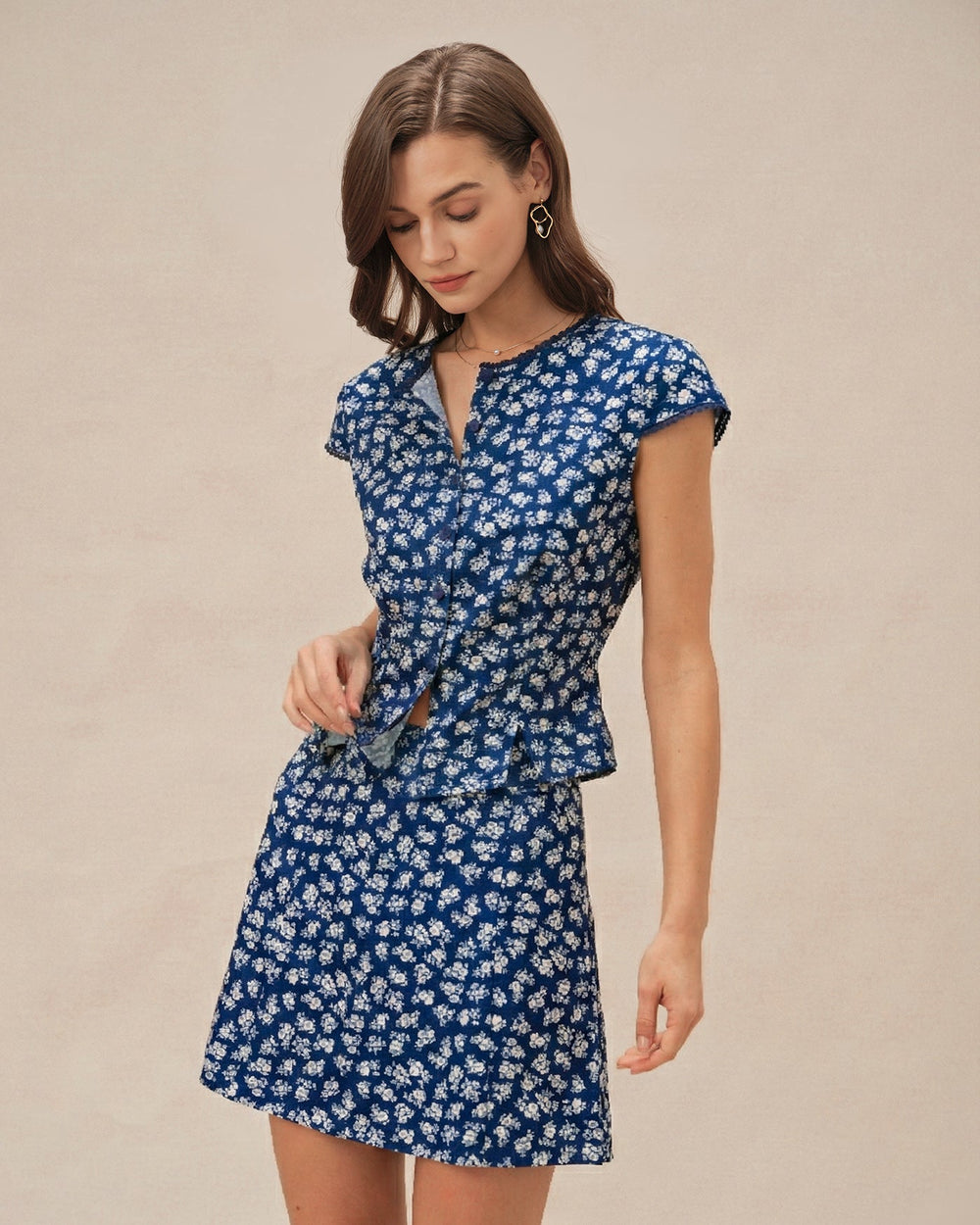 Blue Floral Cap Sleeve Button Blouse | Rihoas
