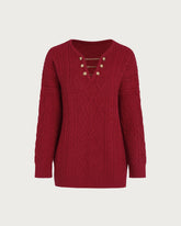 Red V Neck Knit Sweater | Rihoas