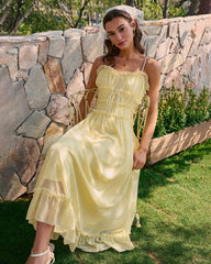 Yellow Sweetheart Neck Ruffle Midi Dress | Rihoas