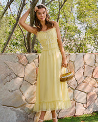 Yellow Sweetheart Neck Ruffle Midi Dress | Rihoas