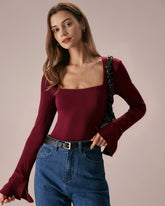 Wine Red Bell Sleeve Knit Tee | Rihoas