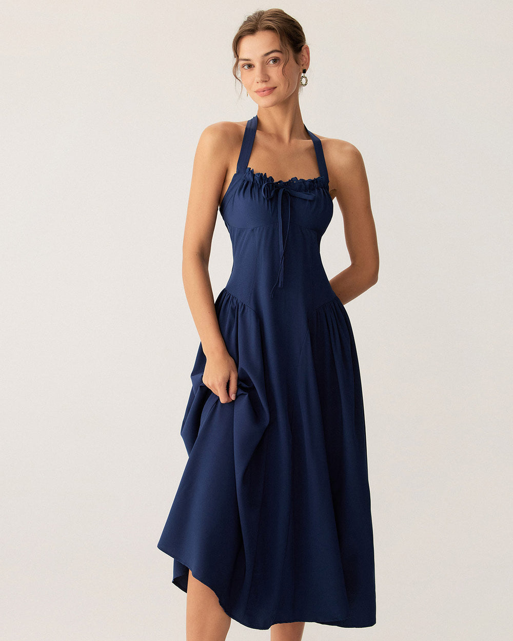 Navy Ruched Halter Midi Dress | Rihoas