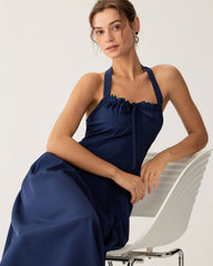 Navy Ruched Halter Midi Dress | Rihoas